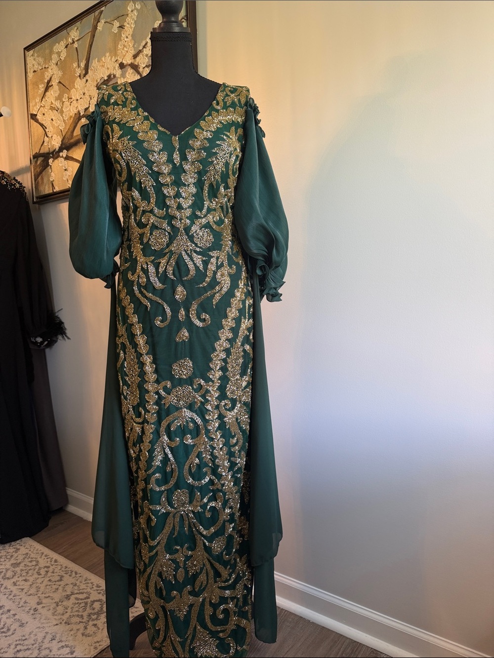 Embellished Emerald Green Maxi Dress with Gold Accents